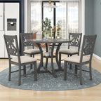 Merax 5 Piece Round Dining Table Set 4 Retro Chairs with Special-Shaped Table Legs, Exquisitely Designed Hollow Chair Back for Dining Room, Grey
