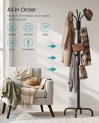 SONGMICS Coat Rack Freestanding with 16 Hooks, Metal Coat Tree Stand with 4 Adjustable Feet, Clothes Hanger Stand for Entryway Bedroom Living Room Hallway Office, Ink Black URCR083BH01S