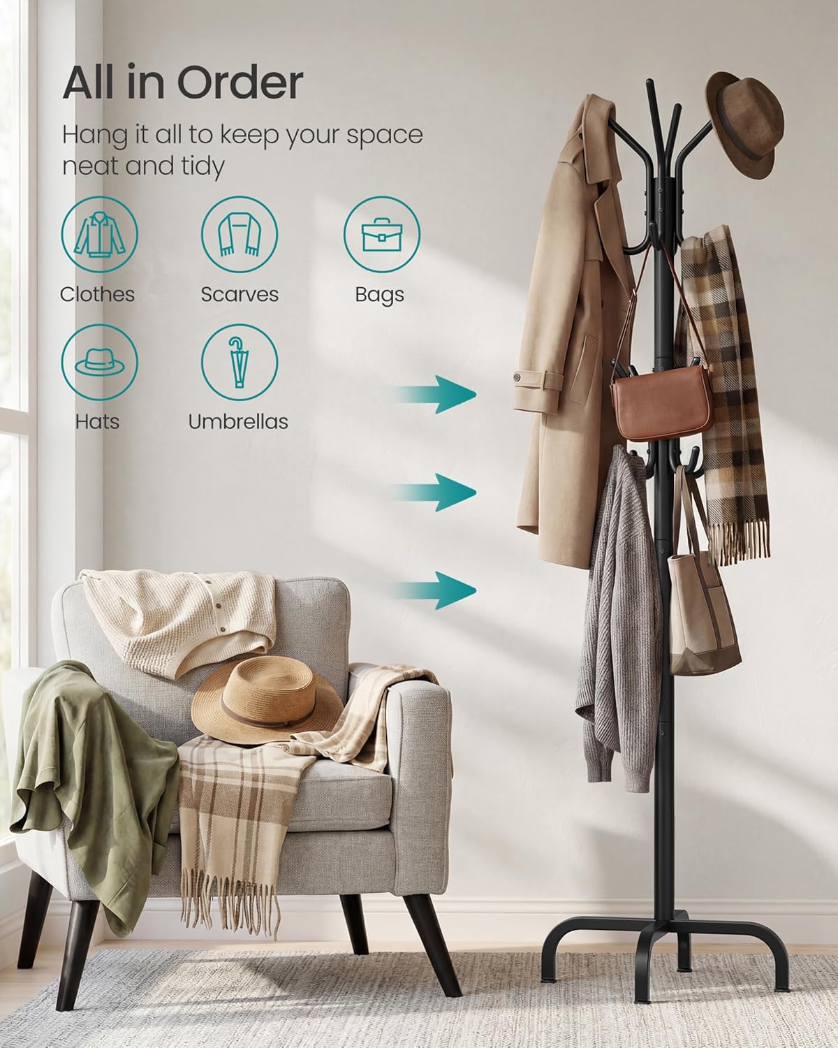 SONGMICS Coat Rack Freestanding with 16 Hooks, Metal Coat Tree Stand with 4 Adjustable Feet, Clothes Hanger Stand for Entryway Bedroom Living Room Hallway Office, Ink Black URCR083BH01S