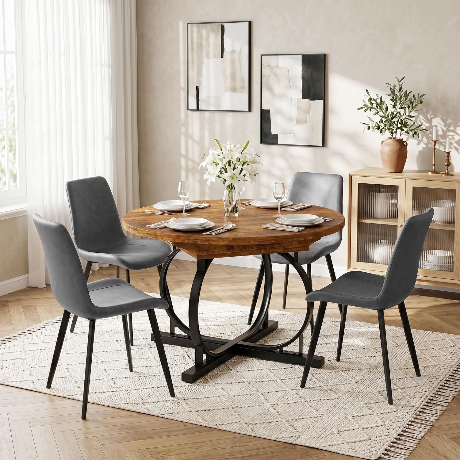 HIPIHOM Extendable Round Dining Table Set for 4 People, 43.3"-59" Extendable Kitchen Table with 4 Upholstered Chairs, Space Saving for Kitchen Dining Room (Vintage Brown Table+4 Grey Chairs)