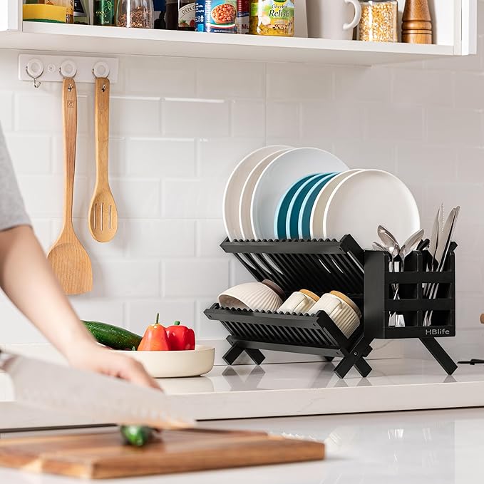 HBlife Dish Rack, Black Bamboo Folding 2-Tier Collapsible Drainer Dish Drying Rack with Utensils Flatware Holder Set (Dish Rack with Utensil Holder)