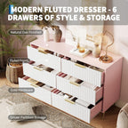 Garvee Fluted Dresser for Bedroom with 6 Drawers,47" Wide Modern Chest of Wooden Bedroom Chest with Metal Handle,Clothes Storage Organizer,Closet Dresser & TV Stand for Living Room,Hallway,6&Pink