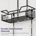 SWTYMIKI Bathroom Shower Caddy Hanging - Extended Length 2 Tier Rustproof Over Shower Head Organizer, No Drilling Bathroom Shelf with 14 Hooks & Soap Holder, Anti-Swing Rack, Black, Medium
