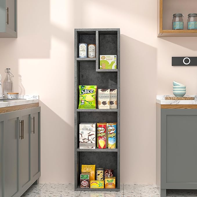 VECELO Small Bookshelf, 5 Cube Slim Bookcase, Fits Tallest Hardcovers, Horizontal Available, Modern Floor Standing Unit, Each Shelf Hold Up to 66 LBS,Modern Gray