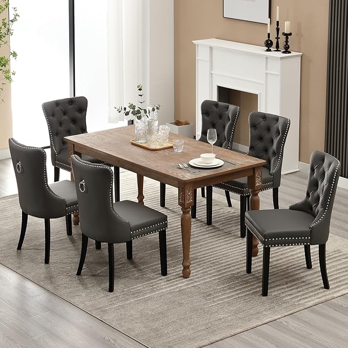 KCC Faux Leather Dining Chairs Set of 6, Upholstered High-end Tufted Dining R...