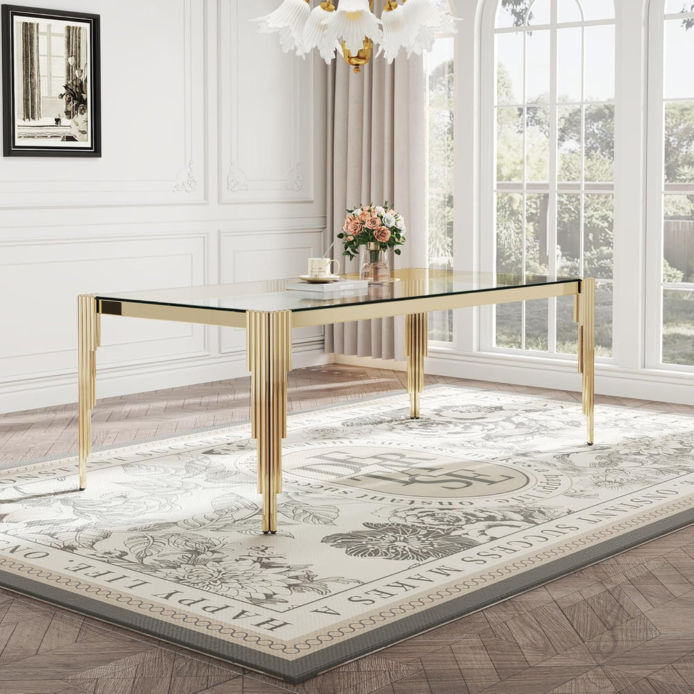 Rectangle Glass Dining Table, 81" Clear Tempered Glass Desktop with Gold...