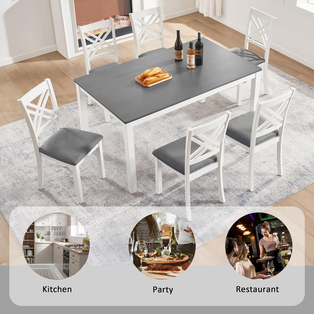 Harper & Bright Designs 58.5" Lx34.5 W Solid Wood 7-Piece Dining Table Set for 6, Grey White Two-Tone Kitchen Dining Room Set with 6 Upholstered Chairs, Rubber Wood Frame, 330LBS Capacity