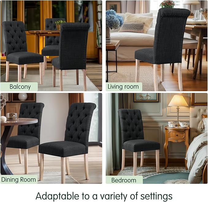 CHUN YI Dining Chairs Set of 8, Button Tufted Upholstered Fabric Dining Room Chairs with Solid Wood Legs and Curved Back, Parsons Side Chairs for Kitchen, Dark Grey