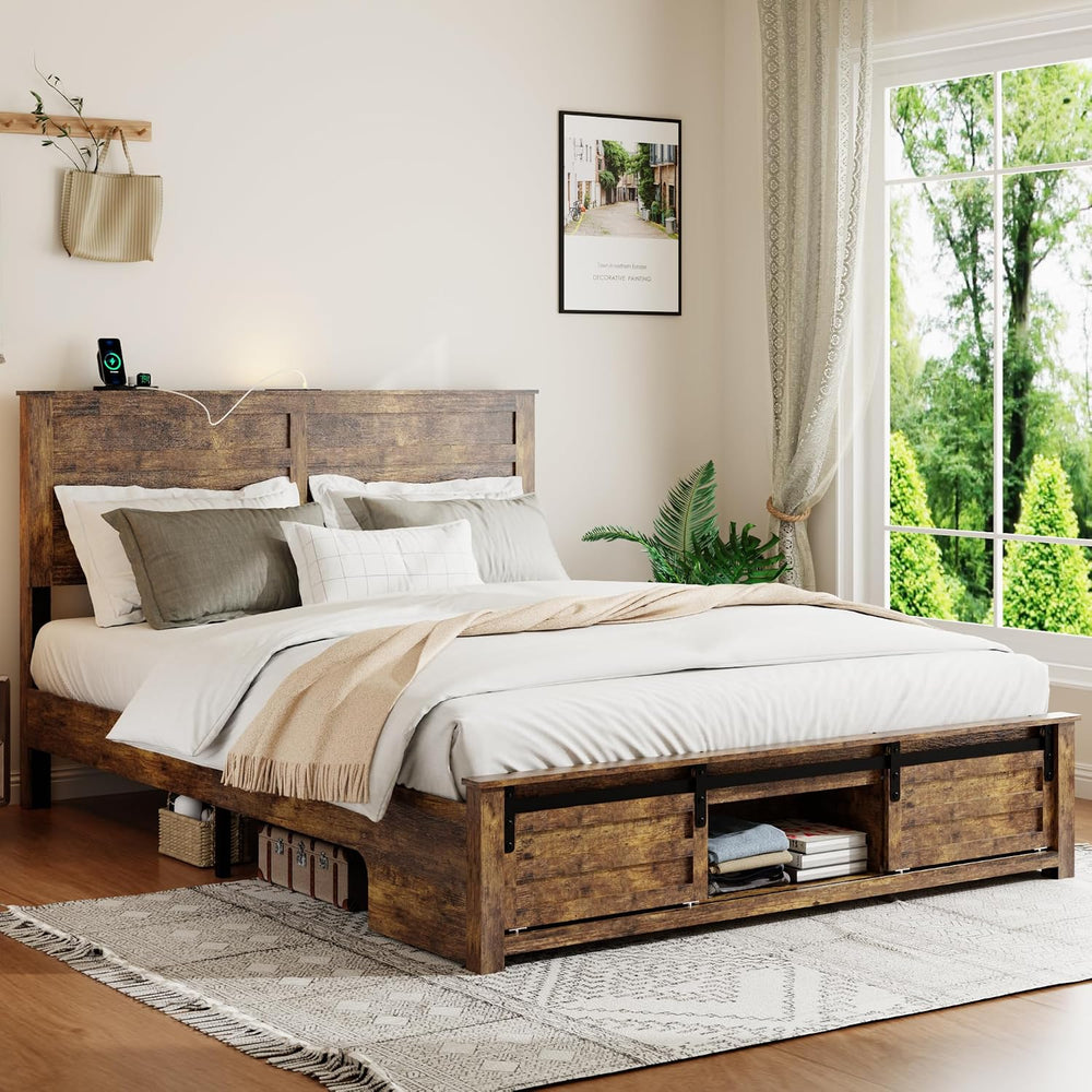 Wooden Queen Bed Frame with Headboard, Farmhouse Storage, Barn Door