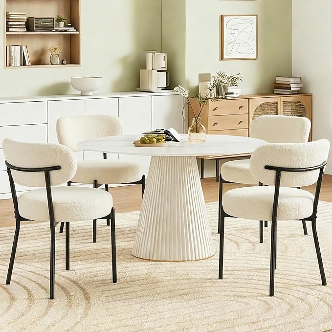 DUMOS Dining Chairs Set of 6, Mid Century Modern Chair Round Upholstered Curved Backrest, Kitchen Vanity Living Room Chairs with Black Metal Legs，Classic Beige