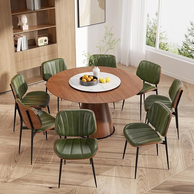 Dining Chairs Set of 6, Mid Century Modern Dining Room Chair, Upholstered Faux Leather Kitchen Chairs with Walnut Bentwood Back and Metal Legs for Kitchen Dining Room Living Room, Green