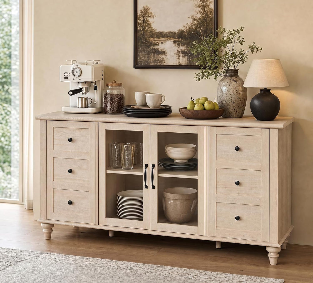 WAMPAT Sideboard Buffet Cabinet, Farmhouse Kitchen Storage Cabinet, Beige