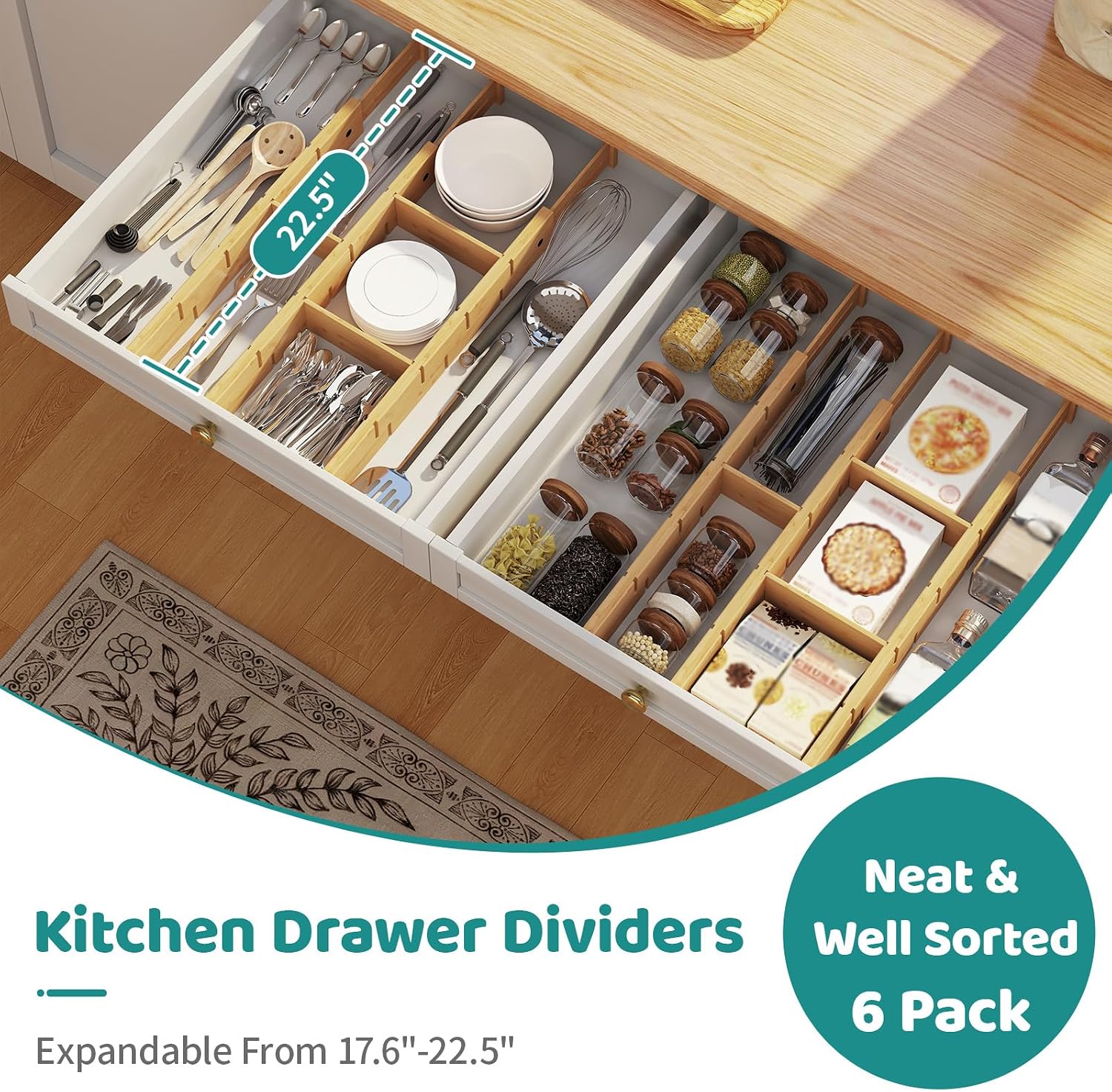 6 Pack Bamboo Drawer Dividers with Inserts, Kitchen Adjustable Drawer Organizers, Expandable Organization for Home, Dressers, 6 Dividers with 12 Inserts