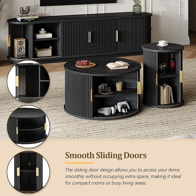Wooden TV Stand & Coffee Table Set with Fluted Sliding Doors for TVs up to 75", Golden Handles Media Console with Cable Hole, Farmhouse Round Center Table for Living Room, Black