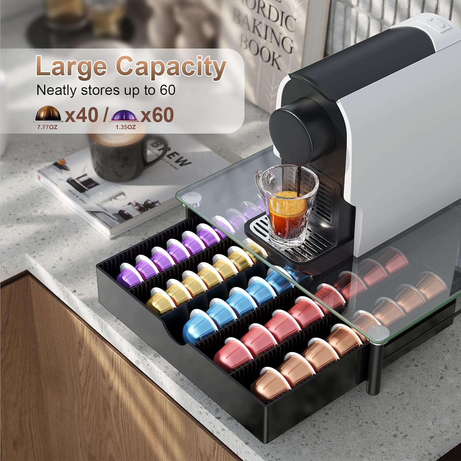 Coffee Pod Drawer Organizer with Tempered Glass Lid - Compatible with Nespresso Vertuo, Holds Up to 60 Small or 40 Large Capsules (Glass)