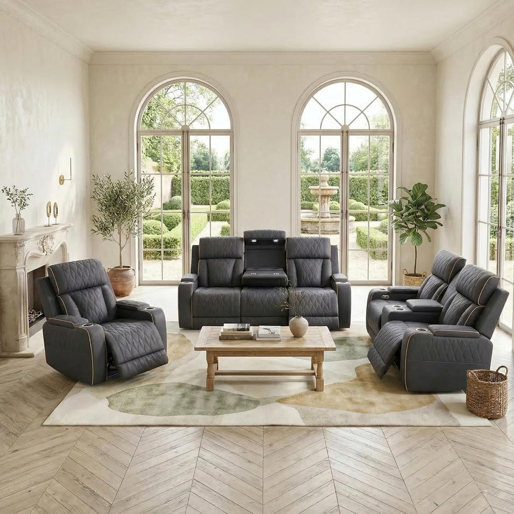 Power Reclining Sofa Set with USB Charging/LED, Blueish Grey Leather Recliner...