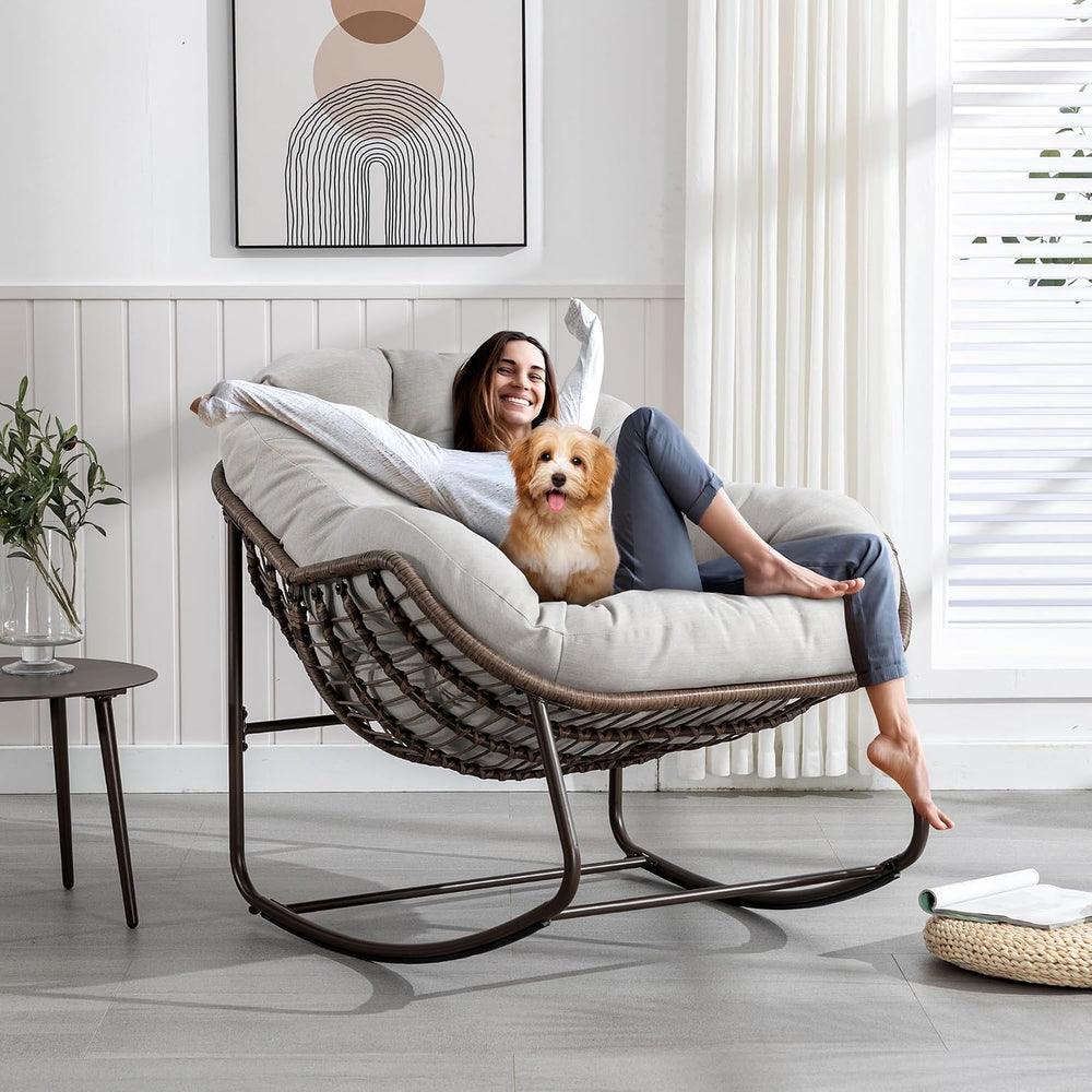 Large Indoor Outdoor Rocking Chair, Oversized Rocking Papasan Chair with Thic...
