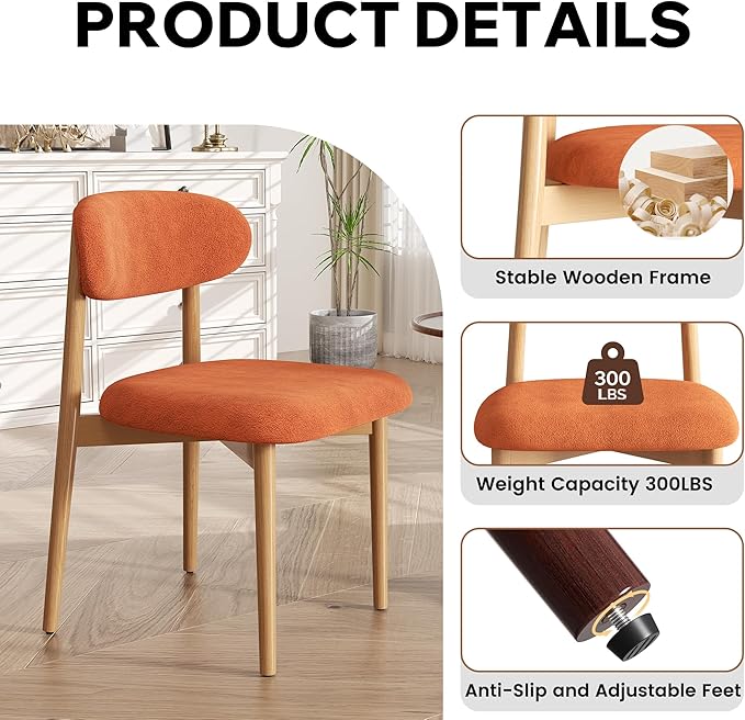 Wooden Dining Chair Set of 1, Modern Dining Chairs with with Curved Back, Fabric Upholstered Kitchen Dining Room Chairs with Adjustable Legs for Farmhouse Dining Living Room,Orange