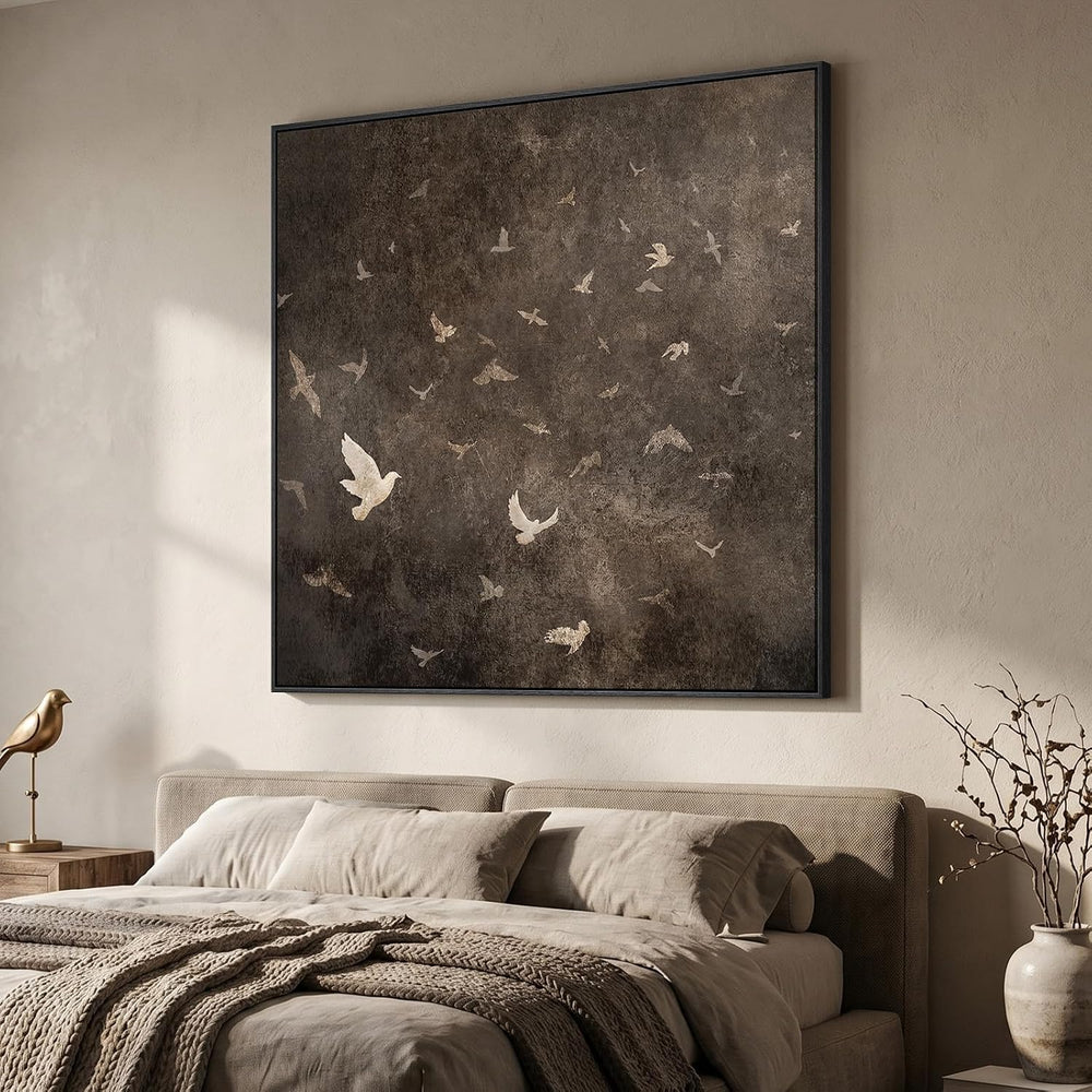 Extra Large Framed Vintage Bird Brown Wall Art for Living Room, Square