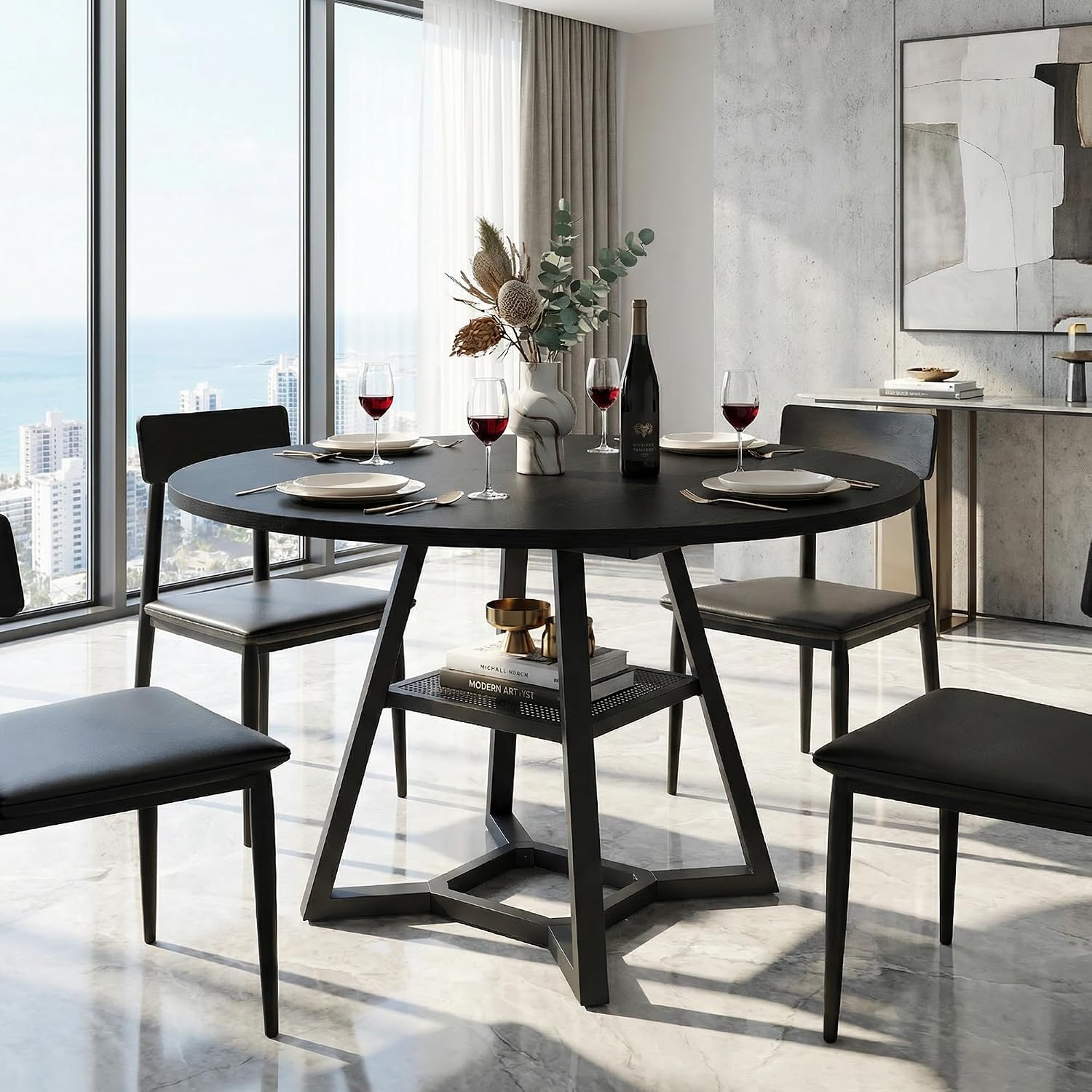 knoworld Round Dining Table for 4-6 with Storage Shelf, Kitchen & Dining Room Circle Pedestal Table, Heavy Duty Metal Frame & Wood Top