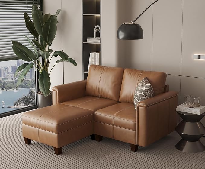 SITJOY 65" Faux Leather Modular Sectional Sofa with Storage, Mid Century Modern Sectional Couches for Living Room, Soft Padded Armrests, 2 Seater L-Shaped Loveseat with Ottoman, Brown