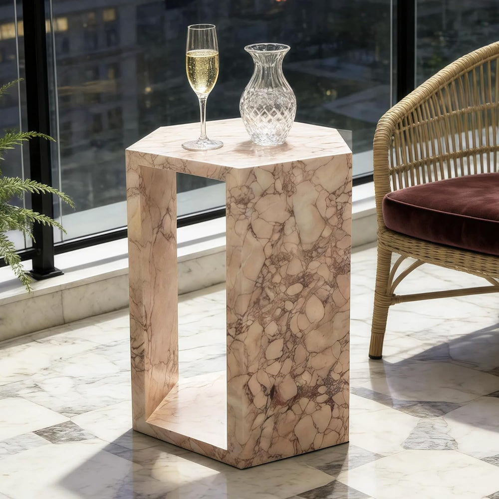 Modern Pink Natural Marble Side Table,Hexagon Accent Tables for Small Spaces,...