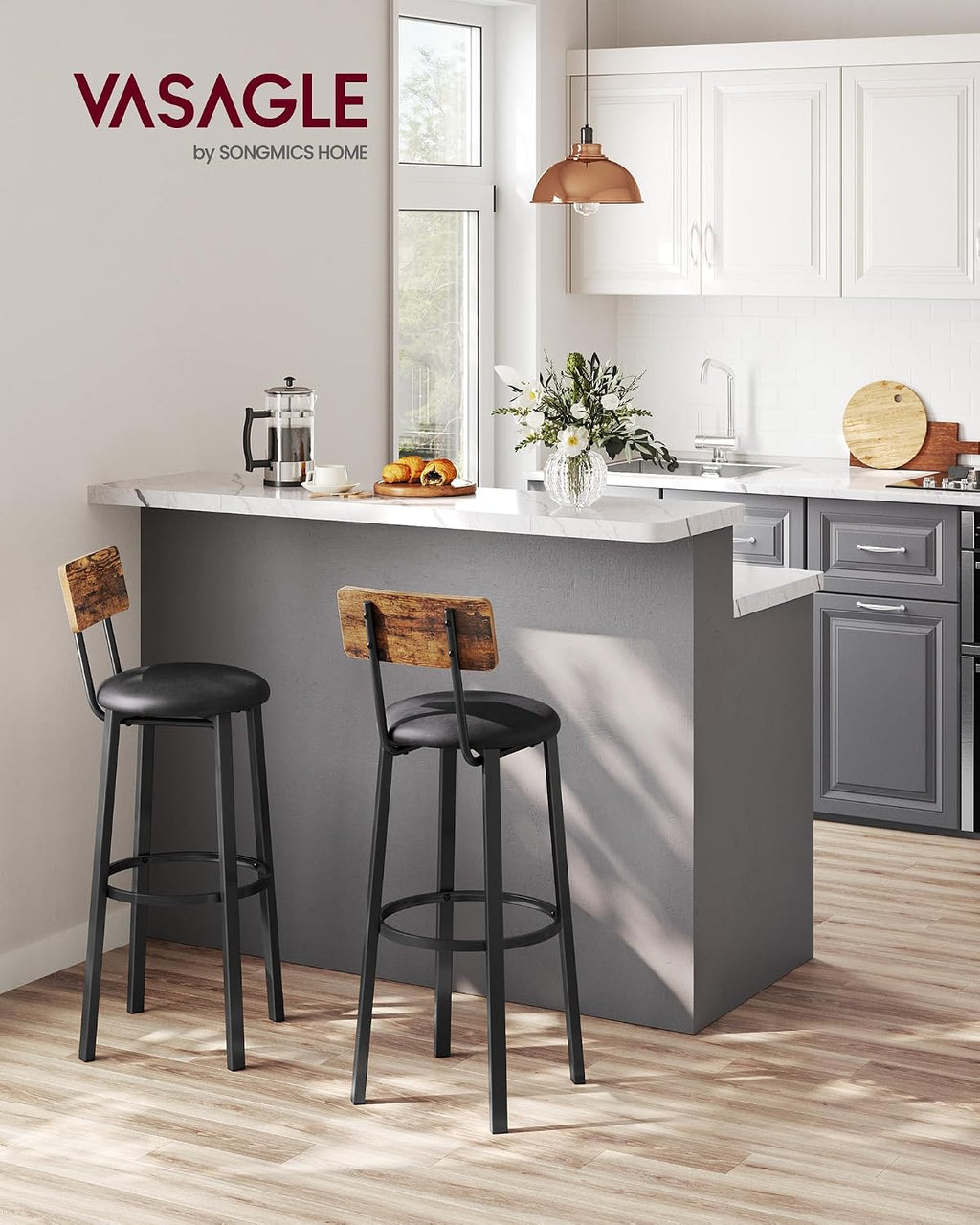 VASAGLE Bar Table 15.7 x 39.4 x 35.4 Inches, Rustic Brown and Ink Black ULBT10X and Bar Stools Rustic Brown and Black ULBC069B81