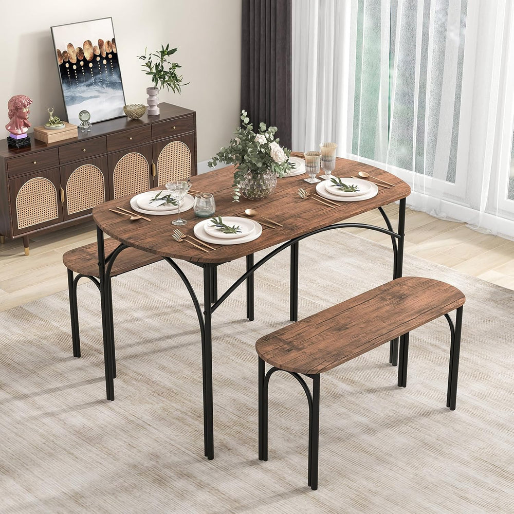 GOFLAME 3-Piece Dining Table Set for 4, Wooden Kitchen Table and 2 Benches Se...