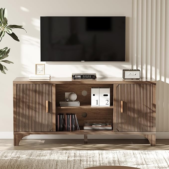 Tall Mid Century Modern TV Stands for 55/60/65 Inch TV Boho Media Console for Living Room Fluted TV Entertainment Center with Storage Wood Television Cabinet for Bedroom