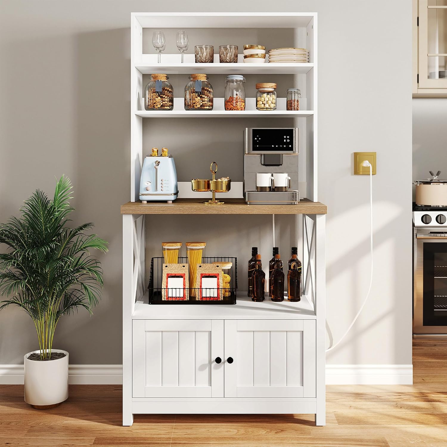 YITAHOME White Microwave Stand Bakers Rack Cabinet | Thickened Countertop, Hutch Shelves, Cabinet Door, Power Outlet, for Kitchen Coffee Bar Pantry, Easy Assembly