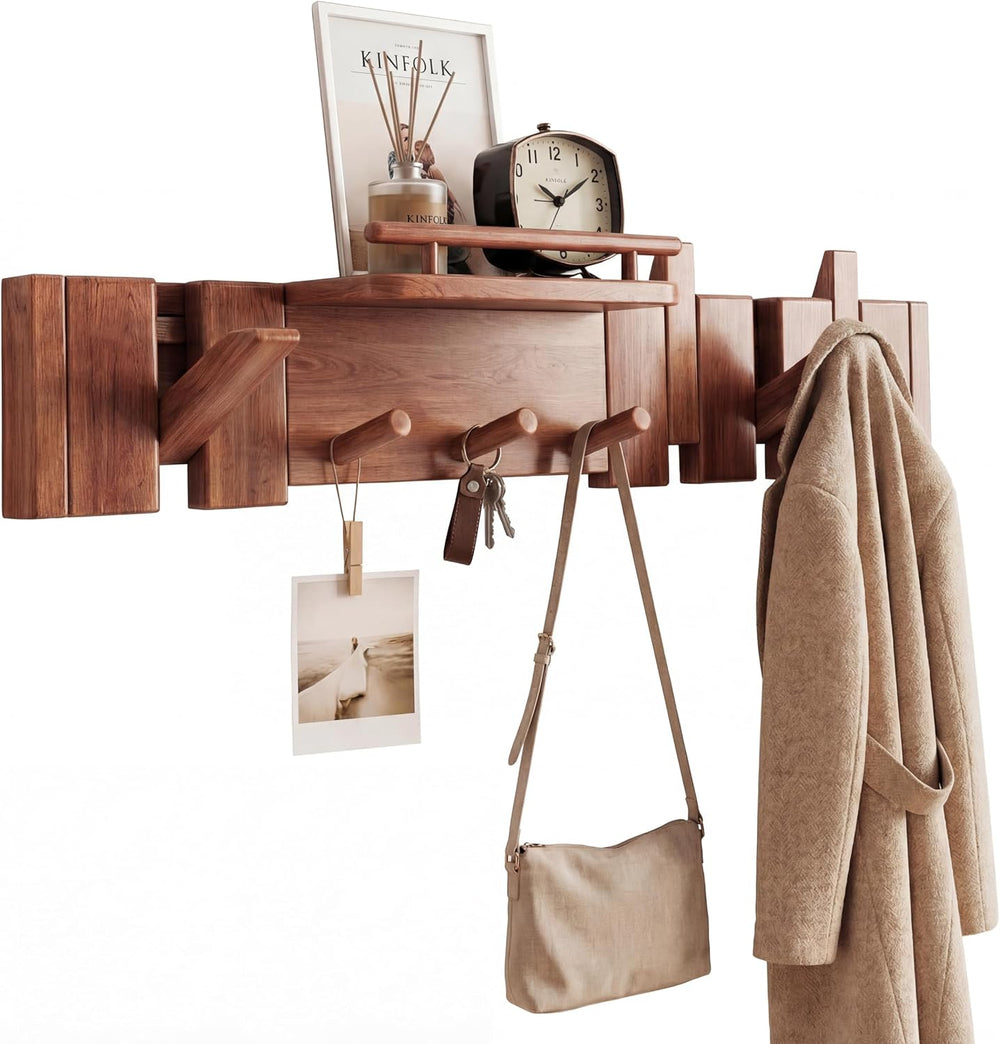 Mid Century Modern Wood Coat Rack Wall Mount with Shelf, 7 Hooks, Walnut
