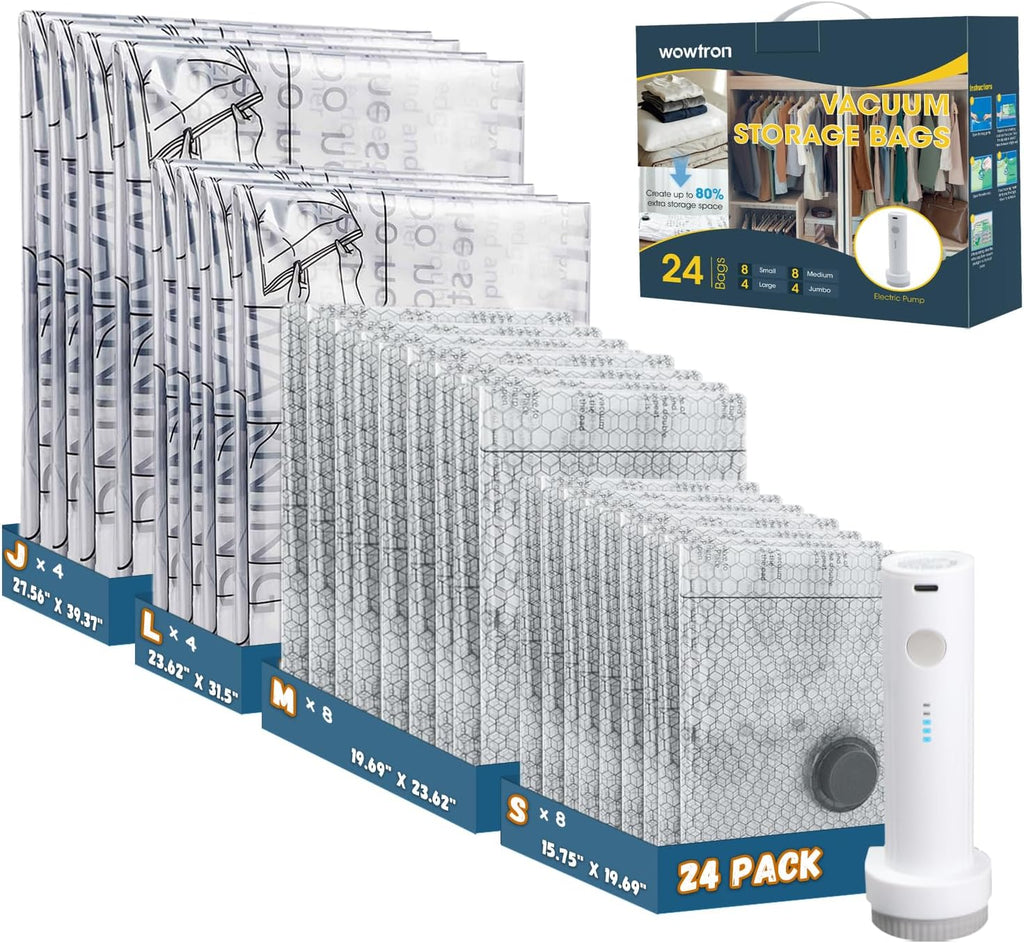 24PCS Vacuum Seal Bags for Clothing with Electric Pump - 8 Small, 8 Medium, 4 Large, 4 Jubom - Space Saver Vacuum Storage Bags for Bedding, Blanket, Pillow, Comforter, Travel, Seasonal Storage