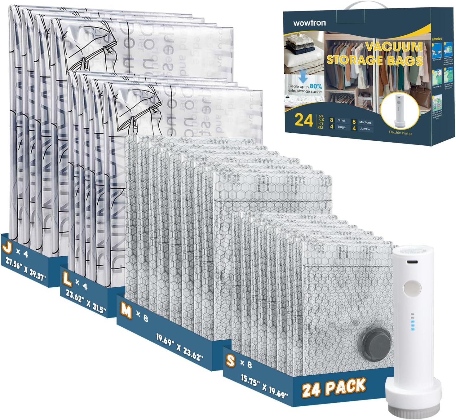 24PCS Vacuum Seal Bags for Clothing with Electric Pump - 8 Small, 8 Medium, 4 Large, 4 Jubom - Space Saver Vacuum Storage Bags for Bedding, Blanket, Pillow, Comforter, Travel, Seasonal Storage
