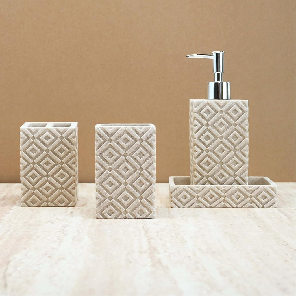 4-Piece Bathroom Accessory Set – Modern Resin & Sandstone Vanity Organizer, Vintage Texture Lotion Dispenser, Toothbrush Holder, Tumbler, Soap Dish (Beige)