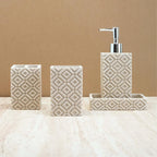 4-Piece Bathroom Accessory Set – Modern Resin & Sandstone Vanity Organizer, Vintage Texture Lotion Dispenser, Toothbrush Holder, Tumbler, Soap Dish (Beige)