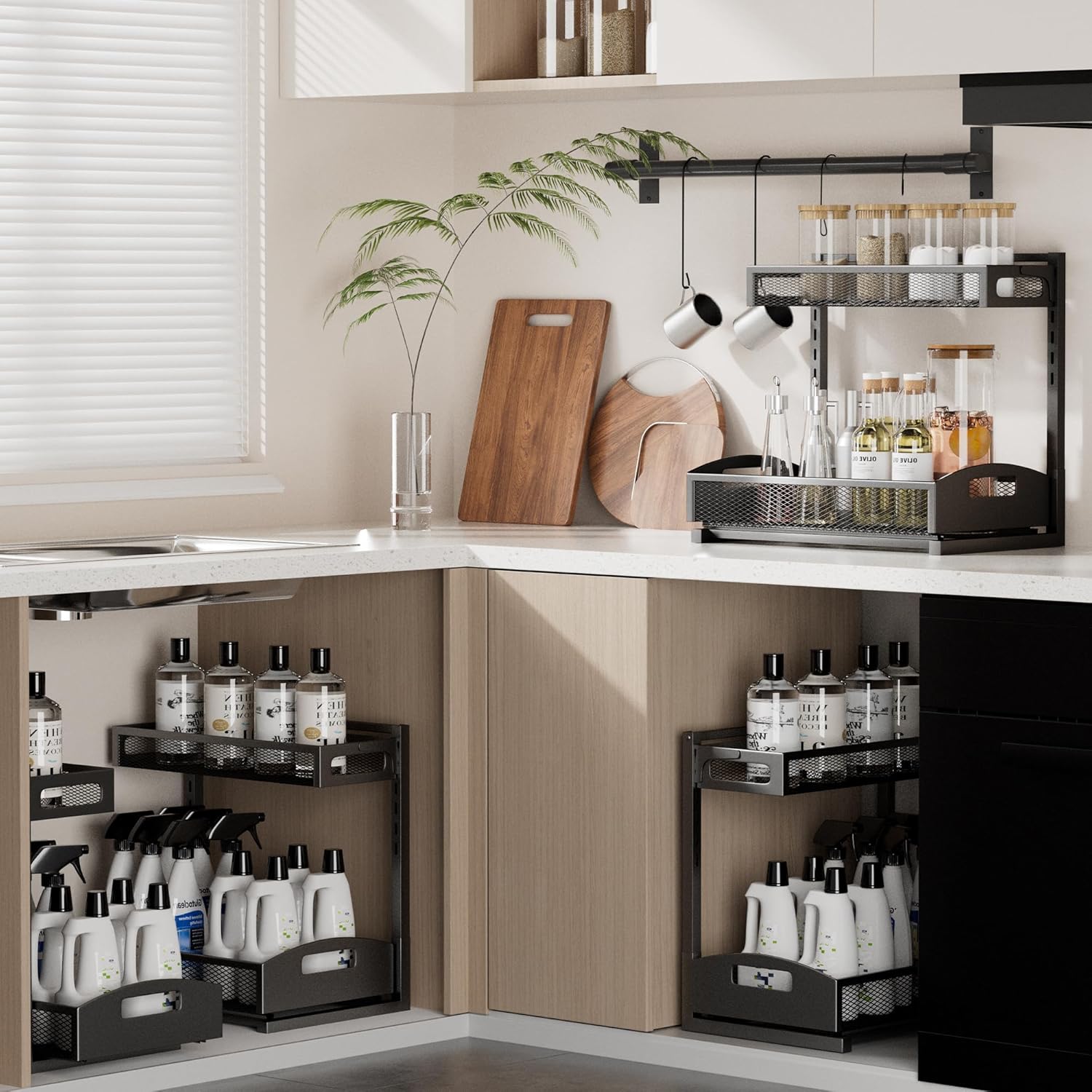 Under Sink Organizer,2 Pack Height Adjustable Under Sink Organizers and Storage, 2 Tier Under Sink Storage for Kitchen Bathroom Cabinet