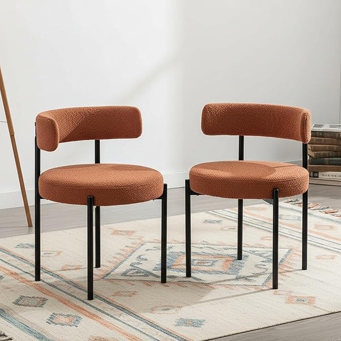Boucle Dining Chairs Set of 2, Rust Dining Chairs with Upholstered Seat and Round Back, Mid-Century Modern Kitchen Chairs for Dining Room, Restaurant