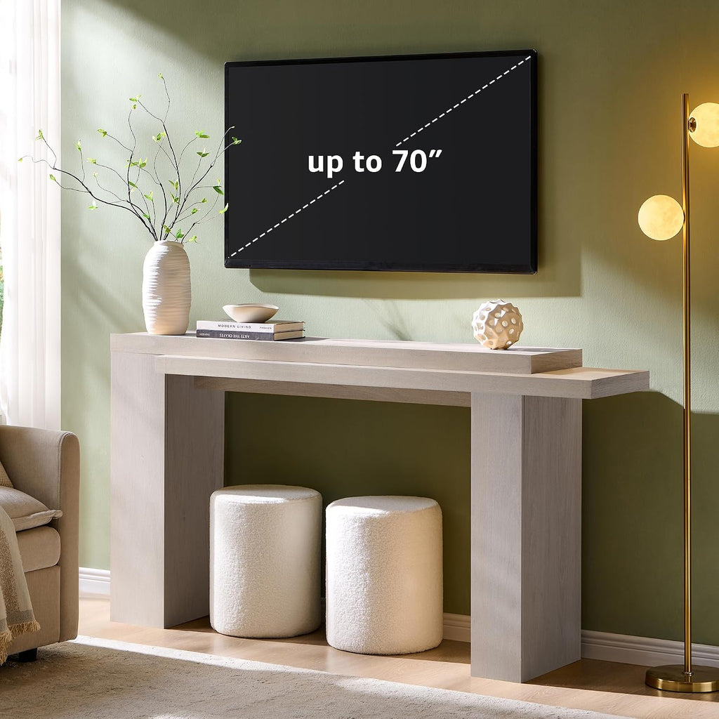 OKD 63" Modern Geometric Console Table with Layered Top, White Alder | Extended Layered Top, Sturdy Support Legs, Entryway, Hallway, Foyer, Living room, Behind Sofa