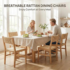 Mid Century Modern Rattan Dining Chairs Set of 2, Natural Beechwood Kitchen Chairs Farmhouse Woven Dining Room Chairs, Armless Boho Cane Wicker Chair Wooden Dining Chairs with Weave Hemp Seat and Back