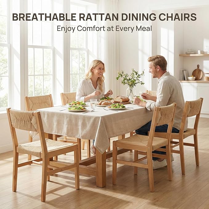 Mid Century Modern Rattan Dining Chairs Set of 6, Natural Beechwood Kitchen Chairs Farmhouse Woven Dining Room Chairs, Armless Boho Cane Wicker Chair Wooden Dining Chairs with Weave Hemp Seat and Back