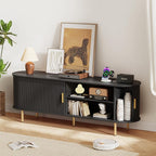 DHH 63 Inch Mid Century Modern TV Stand with Power Outlet for TVs up to 70 Inch, Entertainment Center with Storage and Adjustable Shelves, Media Console with Sliding Doors for Living Room(Black)