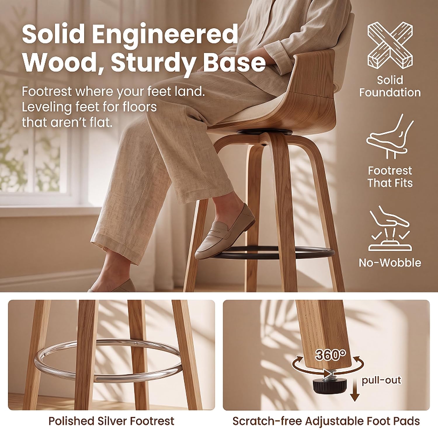 26'' Modern Barrel Swivel Counter Stools Counter Height Swivel Bar Stools with Backs Set of 4, Beige Linen Upholstered Bar Height stools, Farmhouse Solid Wood Barstools for Kitchen Island, Home Bar