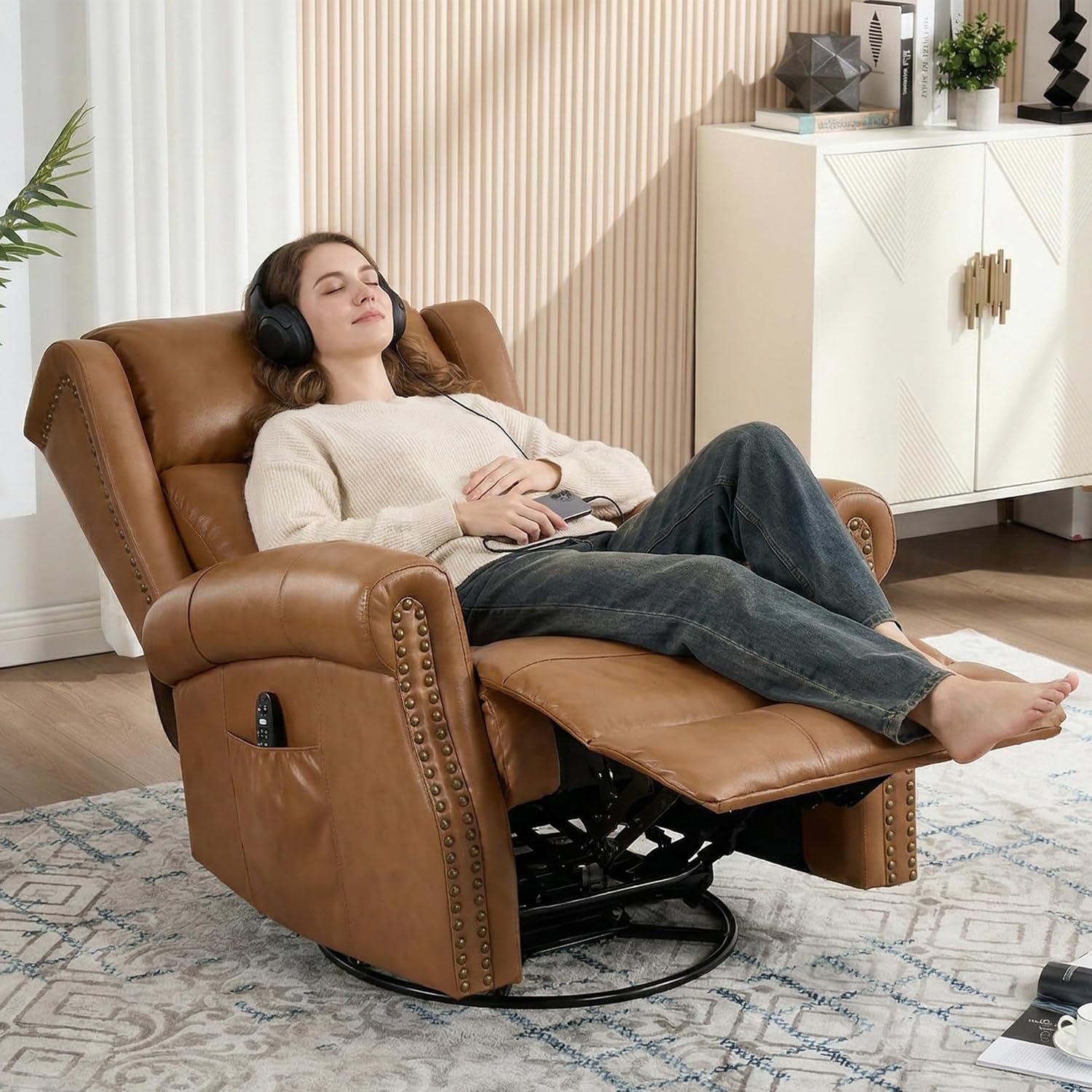 Genuine Leather Recliner Chair for Adults, Manual Swivel Rocker Glider Rocking Chair with Vibration Massage Lumbar Heat for Nursery, Rivet Design Single Sofa Chair for Living Room - Caramel Brown