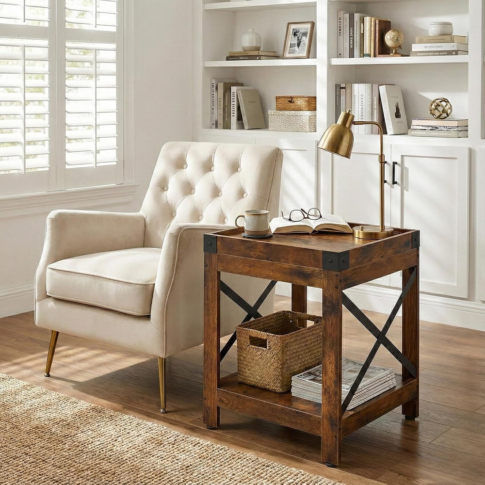 Farmhouse Square Side Table with Open Storage Shelves, Large End Table Modern...