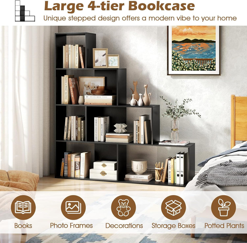 Tangkula 4-Tier Stepped Bookshelf, Freestanding 6 Cubes Ladder Bookcase with ...