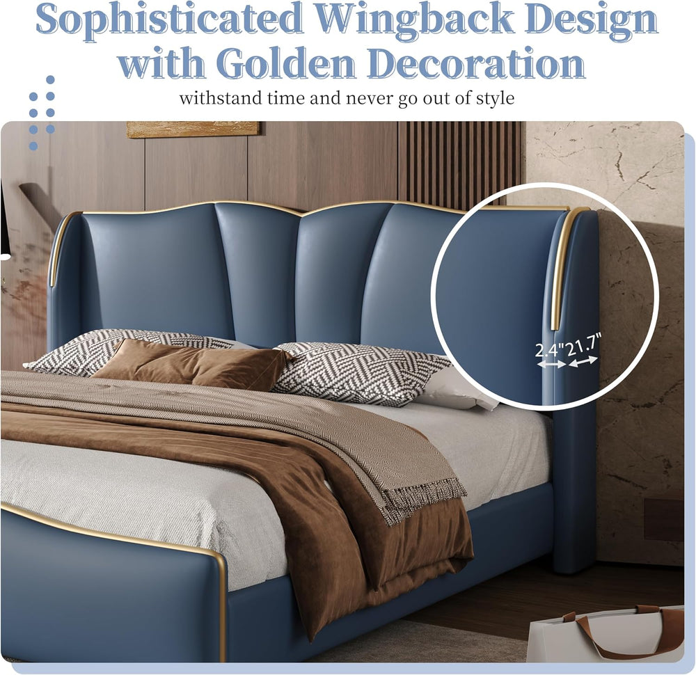 Queen Size Bed Frame with Wingback Headboard, Modern Faux Leather Upholstered...