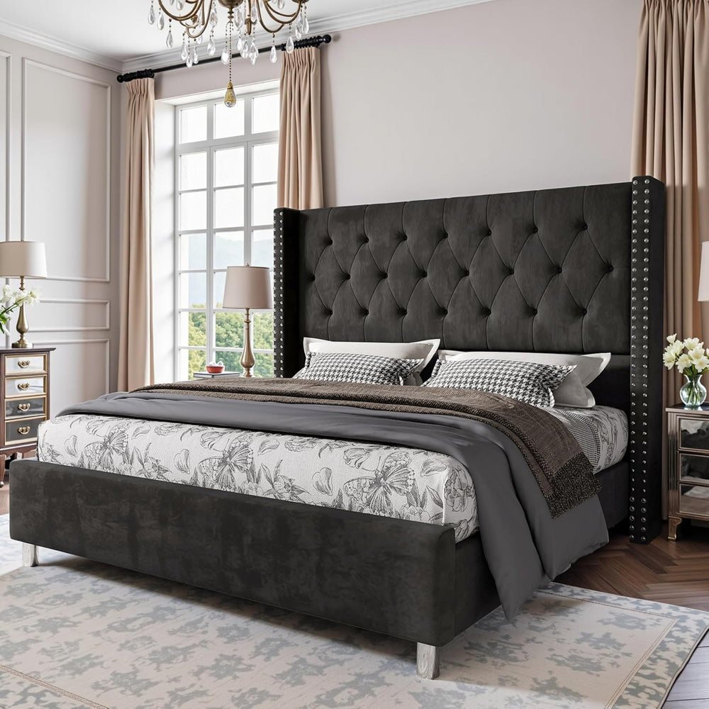 PaPaJet Queen Velvet Bed Frame with 49.2" Tall Wingback Headboard, Black