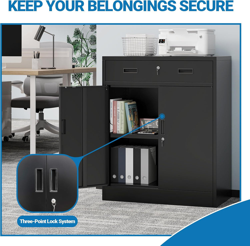 Metal Storage Cabinet, 36" Locking Steel Cabinet with 1 Drawers and 1 Ad...