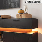 LIKIMIO Black TV Stand for TVs 85 inch, Entertainment Center with Power Outlets & LED Lights, TV Media Console Table with Cabinets, Drawers and Open Storage Shelves, Modern TV Stand for Living Room
