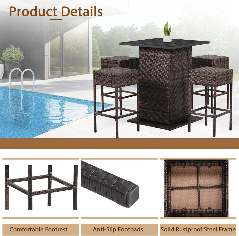 HAPPYGRILL 5 Piece Rattan Bar Set Outdoor Wicker Bar Table and 4 Bar Stools w...